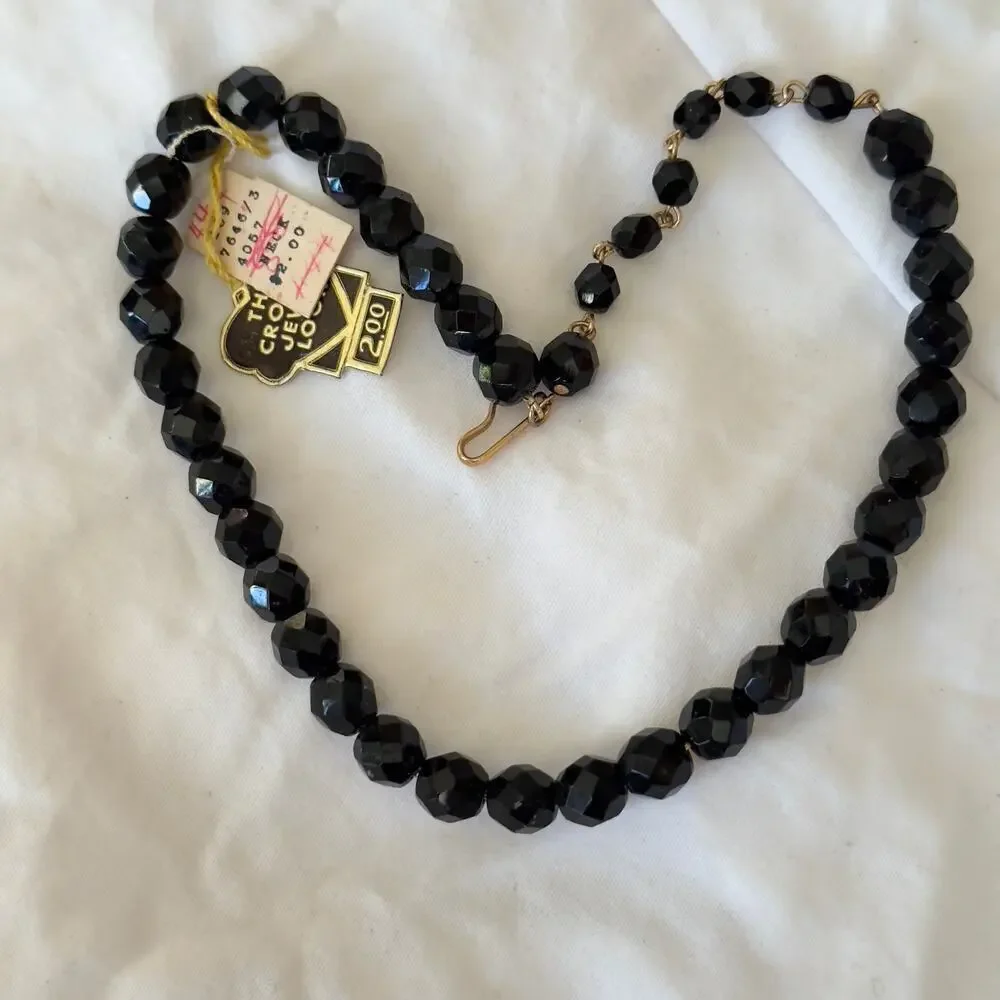 Vintage Laguna Black Jet Crystal Faceted Beaded Necklace NWT Estate Jewelry 28”